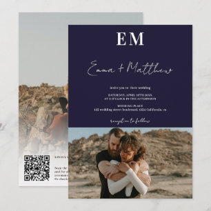 Initials marineblau einfache 2 Fotos qr Hochzeit Einladung