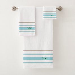 Initials minimalist blue stripes White background Badhandtuch Set