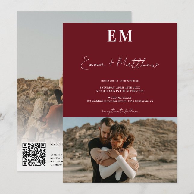 Initials rot burgundy einfache 2 Fotos qr Hochzeit Einladung (Vorne/Hinten)