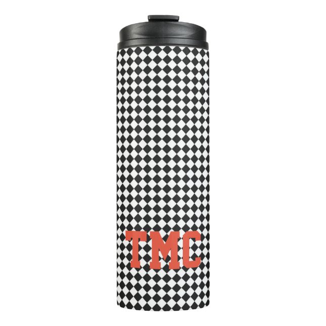Initialschule für Sport-Schwarz-weiße Karo Monogra Thermosbecher (Vorderseite)