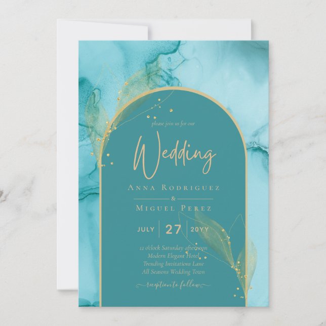 INK Abstrakt Türkis Aquamarin Gold Wedding INVITE Einladung (Vorderseite)