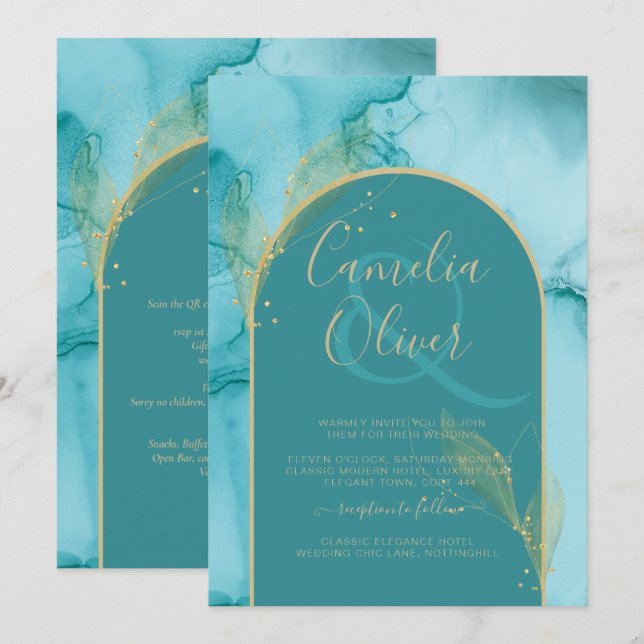 INK Abstrakt Türkis Aquamarin Gold Wedding INVITE Einladung (Vorne/Hinten)