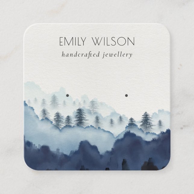 Ink Blue Navy Pine Woods Mountain Earring Display Quadratische Visitenkarte (Vorderseite)