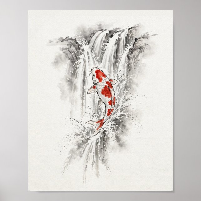 Ink Koi Fisch springt über Wasserfall Poster (Vorne)