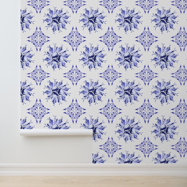 Inky Floral Wallpaper | Blau und Weiß Tapete (Anwendung)