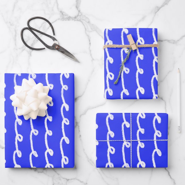 Inky Loops Chic Handgezeichnete Linien Blau & Weiß Geschenkpapier Set (Vorderseite)
