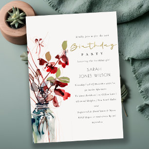 Inky Rot Grün Vintage Boho Florals Geburtstag Einladung