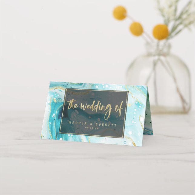 Inky Splash Aquamarin Marble Gold Wedding Tischnum Platzkarte (Rückseite)