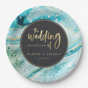 Inky Splash Aquamariner Marmor mit Gold Luxe Weddi Pappteller