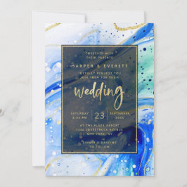Inky Splash Blauer Marmor mit Goldfolie Hochzeit Einladung