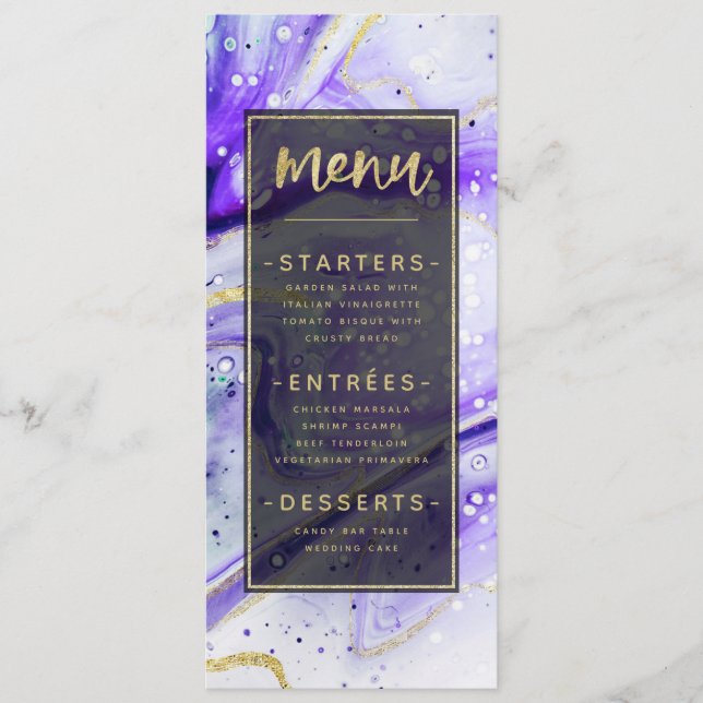 Inky Splash Lila Marmor mit Goldfolie Abendessen Menükarte (Vorderseite)