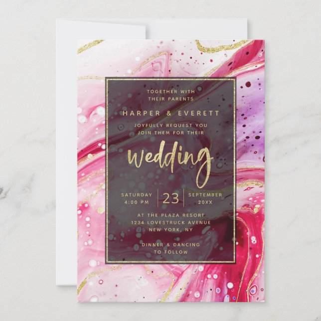 Inky Splash Red Marble mit Goldfolie Hochzeit Einladung (Vorderseite)