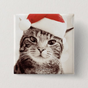 Inländische Tabbykatze, die roten Weihnachtshut Button