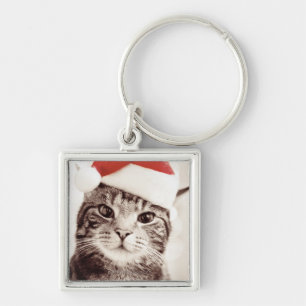 Inländische Tabbykatze, die roten Weihnachtshut Schlüsselanhänger