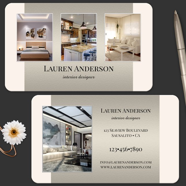 Innendesigner Visitenkarte (Portfolio interior design professional business card in tan metal with custom colors)