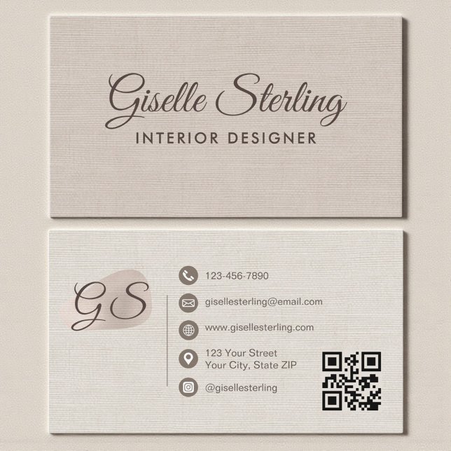 Inneneinrichter Beige Leinen Eleganter QR-Code Visitenkarte (Von Creator hochgeladen)