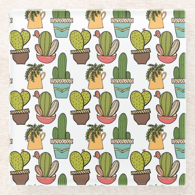 Innenkaktus u. Succulents im Topf-Muster Glasuntersetzer (Vorderseite)