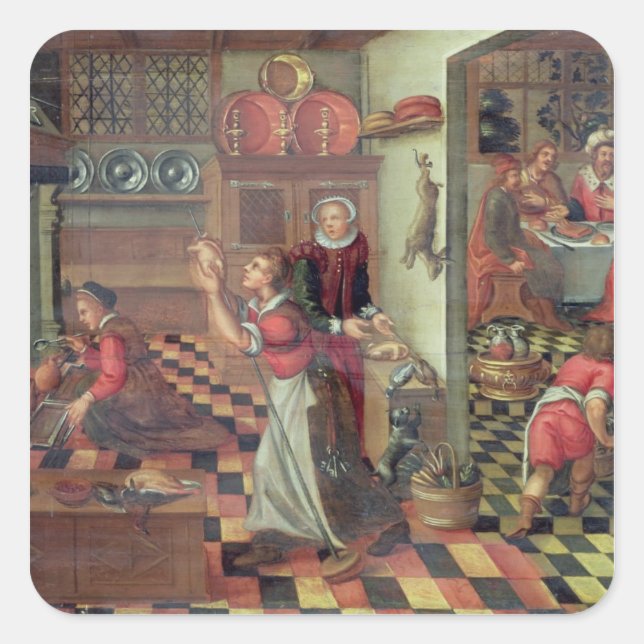 Innere der Küche, das Abendessen im Emmaus Quadratischer Aufkleber (Vorderseite)