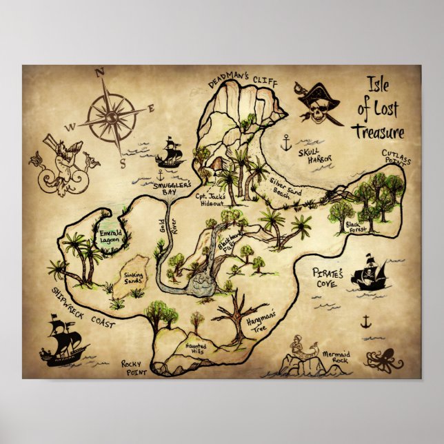 Insel der verlorenen Schatzkarte mit Piratenflagge Poster (Vorne)