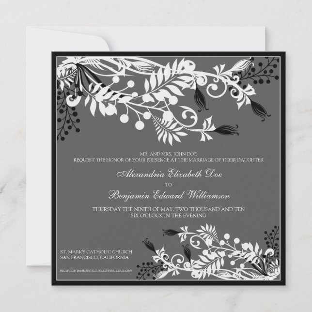 Insel Floral (schwarz) Elegante Hochzeit Einladung (Vorderseite)