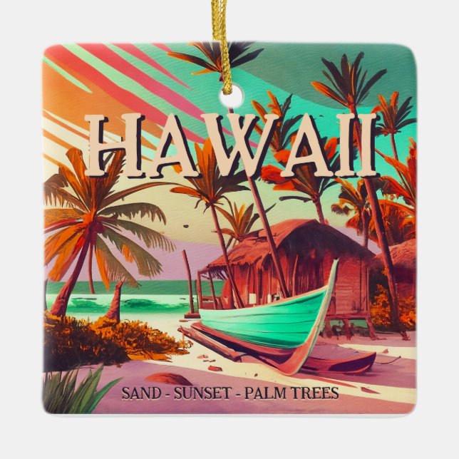 Insel Hawaii Tropischer Sonnenuntergang Palme Souv Keramikornament (Vorderseite)