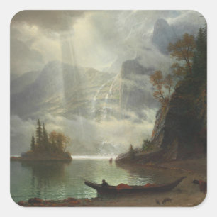 Insel im See (Öl auf Leinwand) Quadratischer Aufkleber