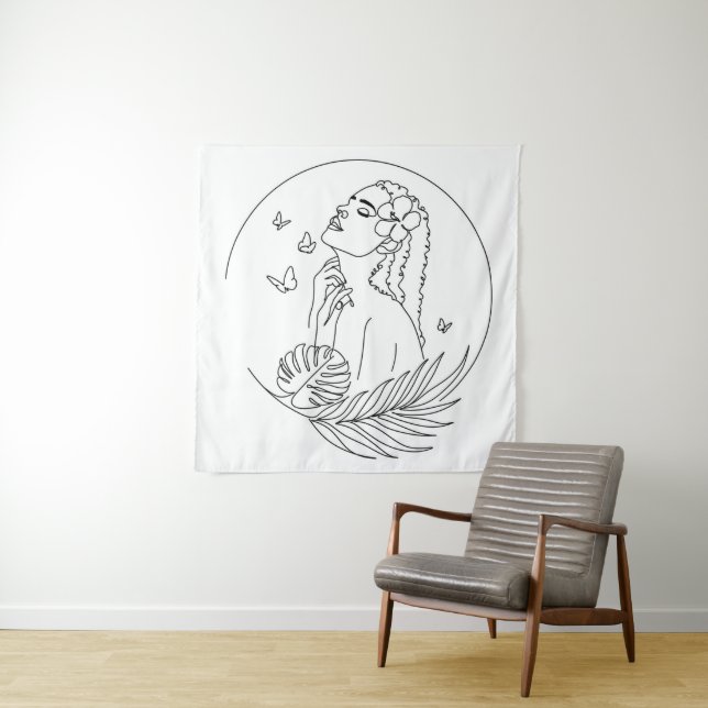 Insel Muse - Tropical Feminical Line Art Wandteppich (Beispiel)