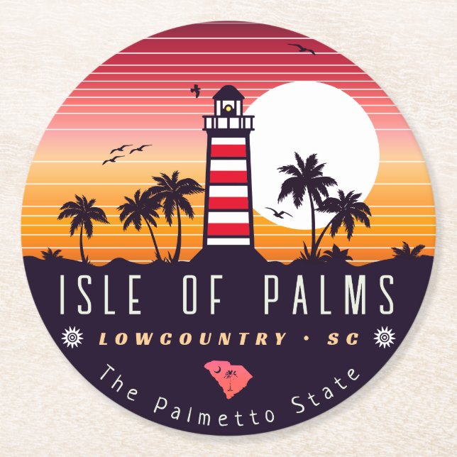 Insel Palms Leuchtturm SC Retro Sunset Souvenirs Runder Pappuntersetzer (Vorderseite)