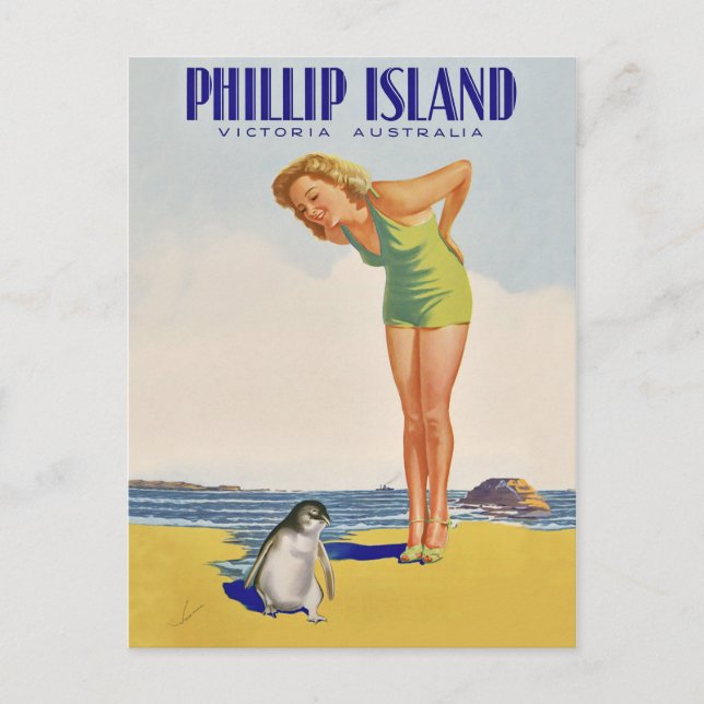 Insel Philip, Australien, Mädchen mit Pinguin Postkarte (Vorderseite)