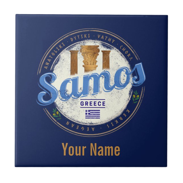 Insel Samos in Griechenland Retro Vintager Urlaub Fliese (Vorderseite)