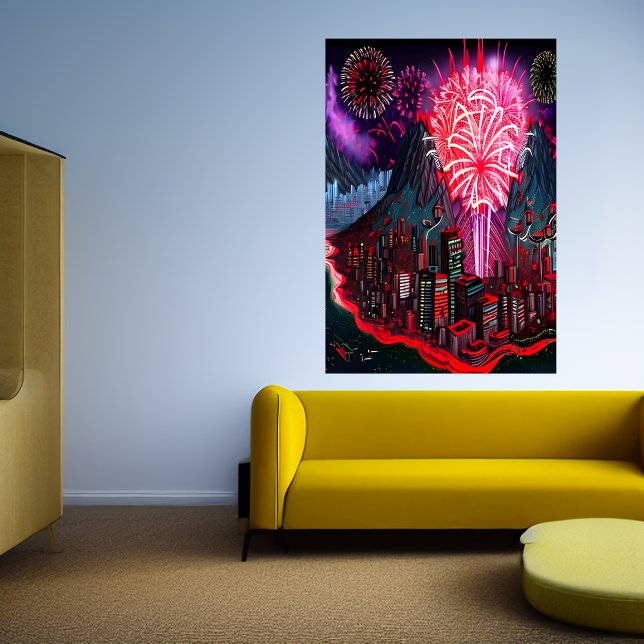 Insel, Stadt und Feuerwerk | AI Art Poster (Von Creator hochgeladen)