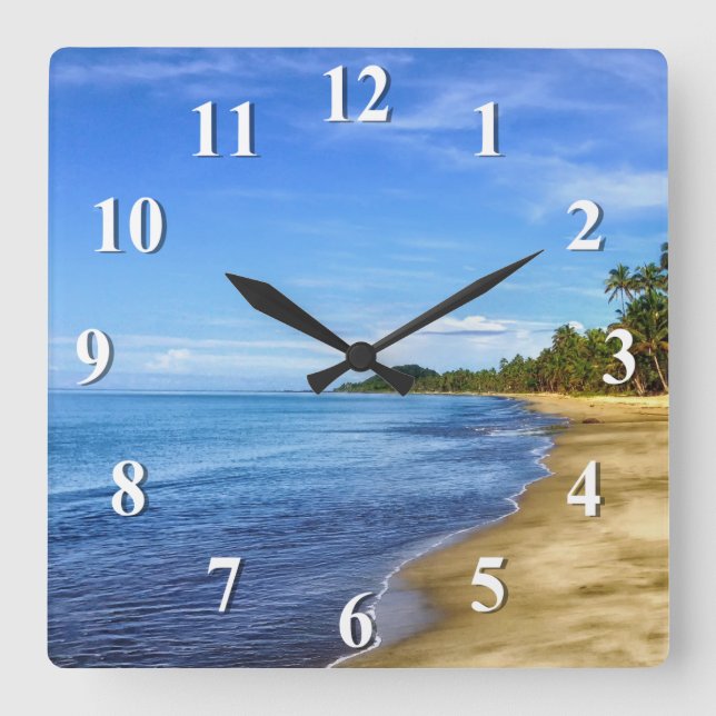 Insel-Strand-blaues Wasser und Himmel Quadratische Wanduhr (Vorderseite)