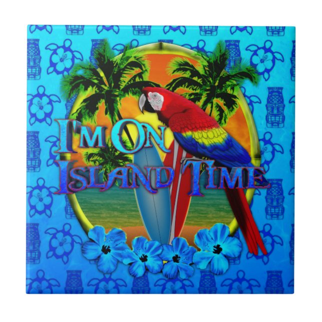 Insel-Zeit Sonnenuntergang und Tikis Fliese (Vorderseite)
