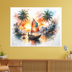 Inseln Serenity – Exotische Bootslandschaft Aquare Leinwanddruck