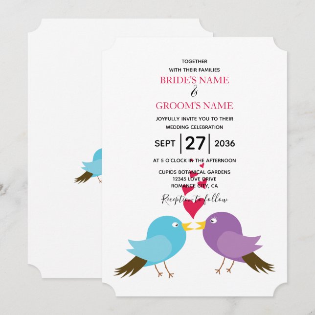 Inséparables et coeurs Invitations de mariage (Devant / Derrière)