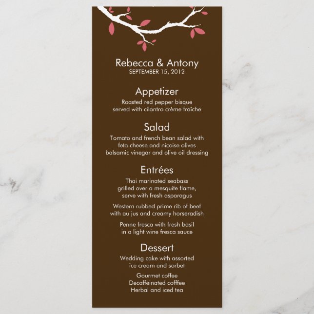 Inséparables sur les cartes de menu Mariage d'arbr (Devant)