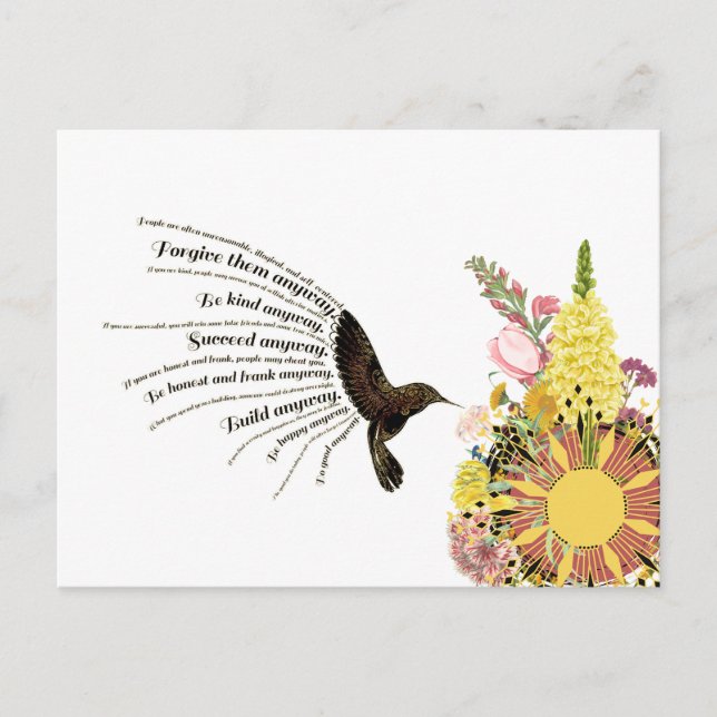 Inspiration Gebet Kolibri, Sonne und Blume Postkarte (Vorderseite)