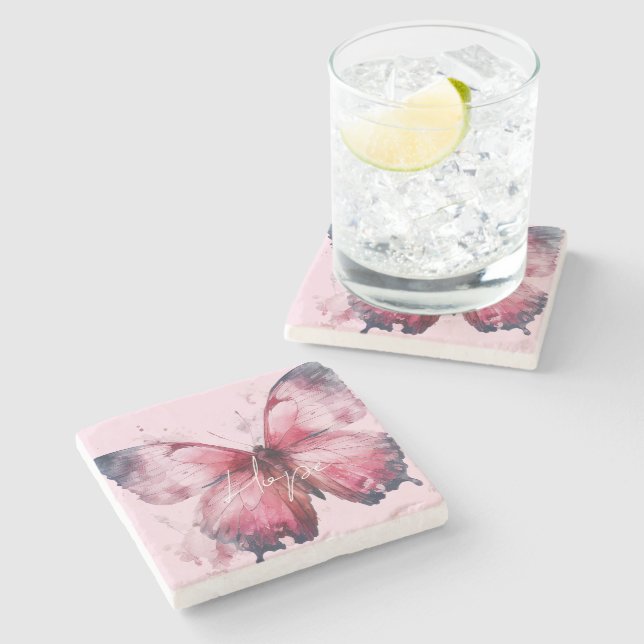 Inspiration Hope Pink Butterfly Steinuntersetzer (Seitenansicht)