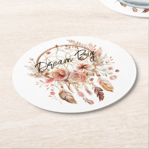 Inspiration Pink Dream Catcher Boho Floral Runder Pappuntersetzer