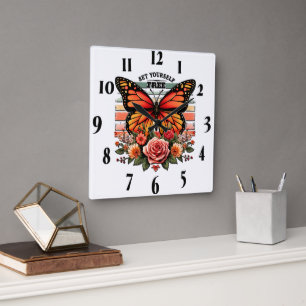 Inspiration/Redewendungen/Schmetterling Quadratische Wanduhr