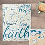 Inspiration und Glaube Text in Blues, Tans<br><div class="desc">Dieses Jigsaw Puzzle mit seinen inspirierenden Wörtern "Hoffnung, Glaube, Liebe, Gesegnet" und "Dankbar" ist wunderbar in Blues- und Tanztönen angeordnet. Die beruhigende Farbpalette schafft eine beruhigende Atmosphäre, während die aussagekräftigen Worte eine Touch von Positivität und Motivation hinzufügen. Ideal für eine entspannende Rätselsitzung, dient es als Erinnerung der einfachen Freuden des...</div>