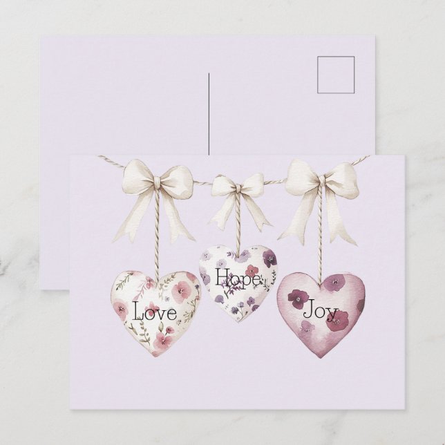 Inspirational Floral Love Hope Joy Hearts Bow Postkarte (Vorne/Hinten)