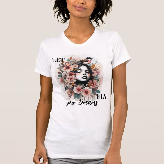 Inspirational Floral Woman and Bird Artwork T-Shirt (Vorderseite)