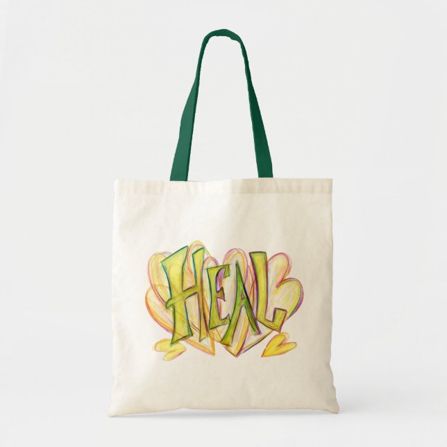Inspirational Word Heal Art Green Handled Tote Bag Tragetasche (Vorne)