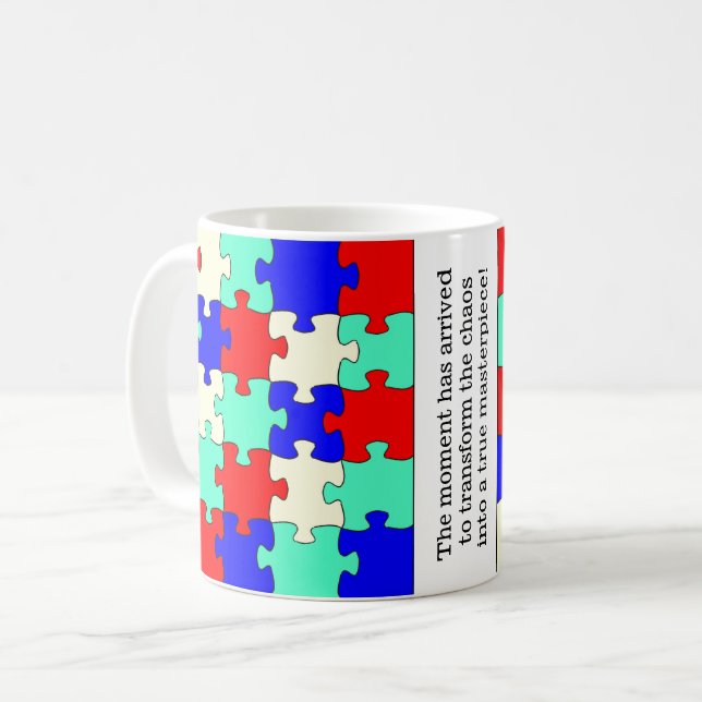 Inspirationslustige, farbenfrohe Puzzleteile Kaffeetasse (Vorderseite Links)