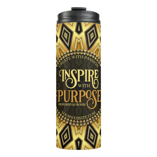 Inspirier Orange Black Yellow Art Deco Mandala Thermosbecher (Vorderseite)