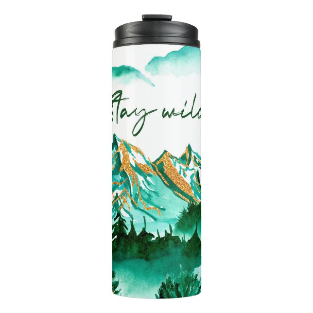 inspirierende Berglandschaft mit Bleibe Wildnis Thermosbecher (Vorderseite)