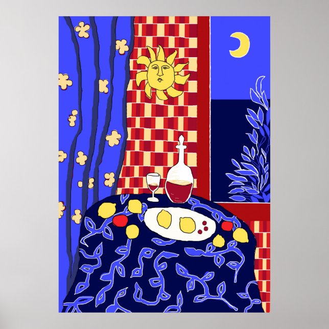 Inspiriert Blaue Nacht Stillleben Wein Poster (Vorne)