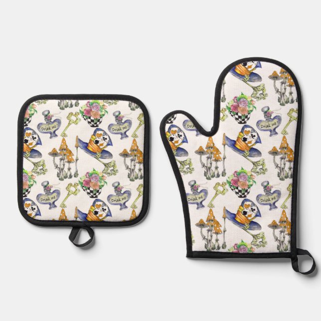 Inspiriert nach Alice im Wunderland Ofenhandschuh & Topflappen-Set (Vorderseite)