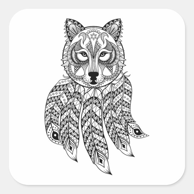 Inspiriert Wolf mit Dreamcatcher Quadratischer Aufkleber (Vorderseite)